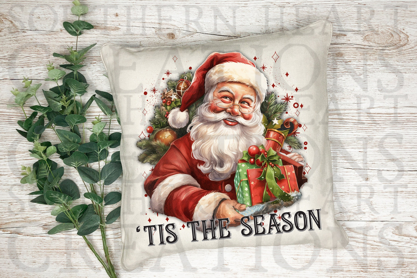 Watercolor 'Tis the Season Vintage Smiling Santa Christmas PNG Digital File