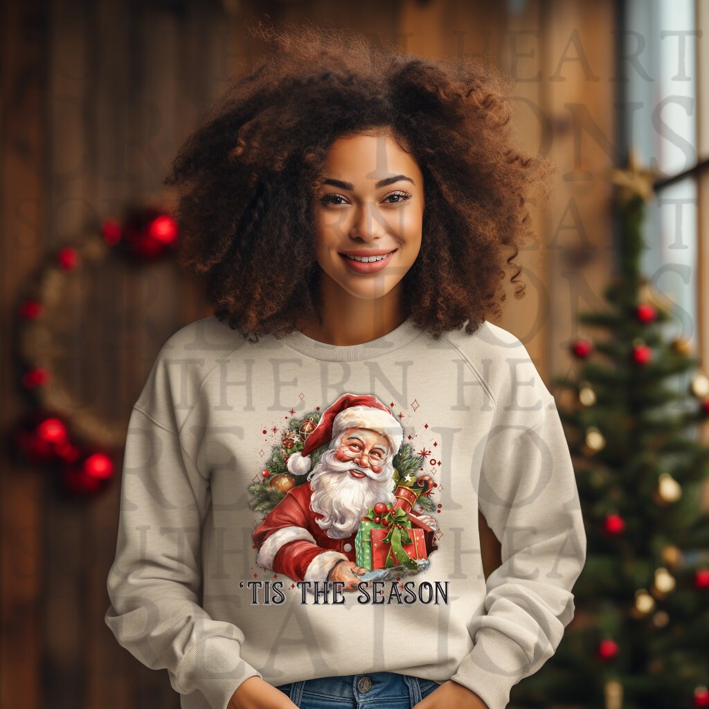 Watercolor 'Tis the Season Vintage Smiling Santa Christmas PNG Digital File