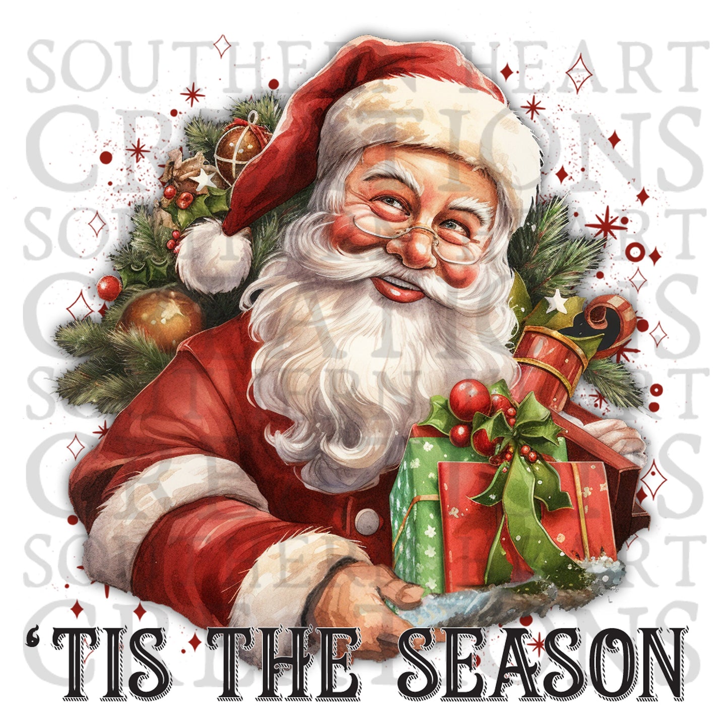 Watercolor 'Tis the Season Vintage Smiling Santa Christmas PNG Digital File