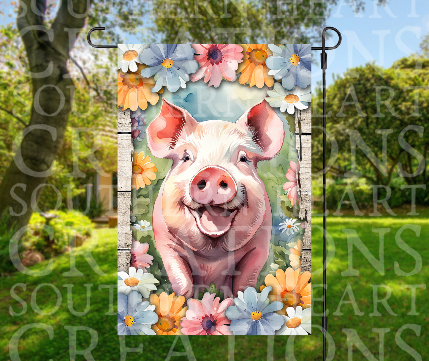 Watercolor Happy Pig Garden Flag PNG Digital Download