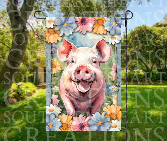 Watercolor Pig Garden Flag PNG Digital Download