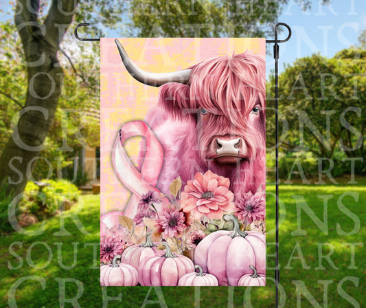 Highland Cow Breast Cancer Awareness Garden Flag PNG Digital Download