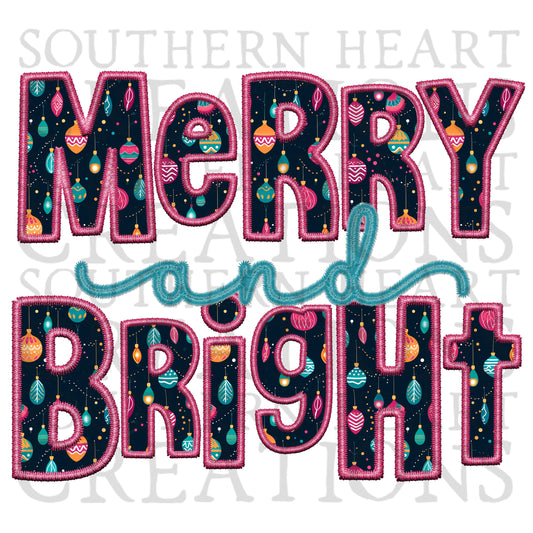 Faux Embroidery Merry and Bright Neon PNG Digital File