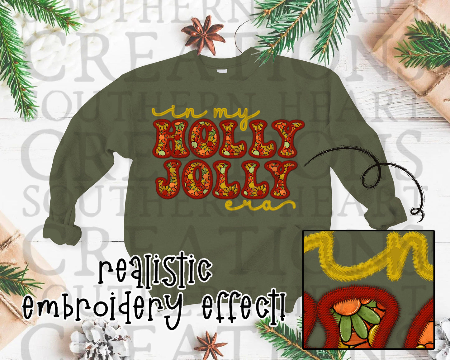 Faux Embroidery In My Holly Jolly Era Retro PNG Digital File