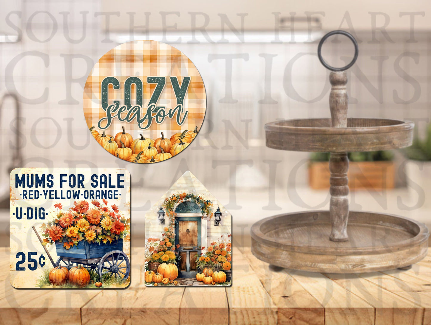 Autumn Pumpkins and Mums Tiered Tray Decor Bundle PNG Digital File