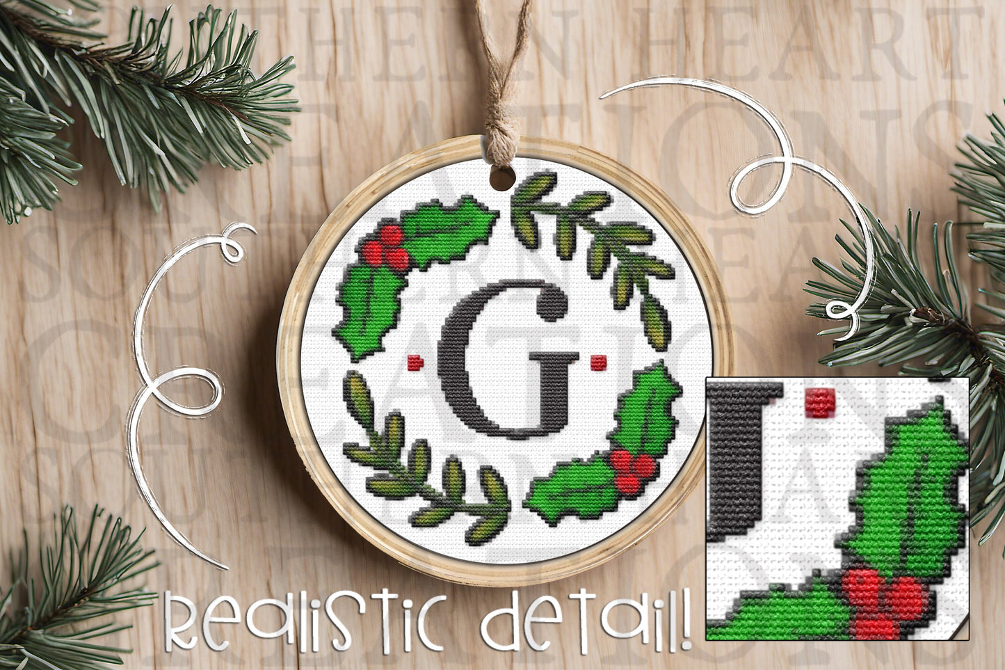 Faux Cross Stitch Embroidery Christmas Monogram Alpha Circle Bundle PNG Digital Download