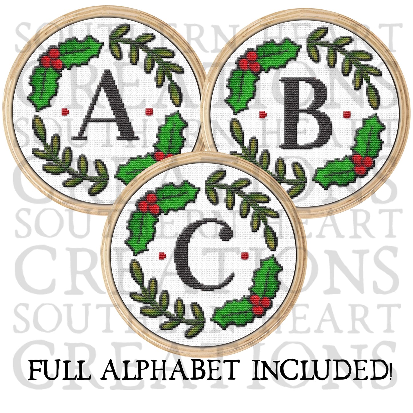 Faux Cross Stitch Embroidery Christmas Monogram Alpha Circle Bundle PNG Digital Download