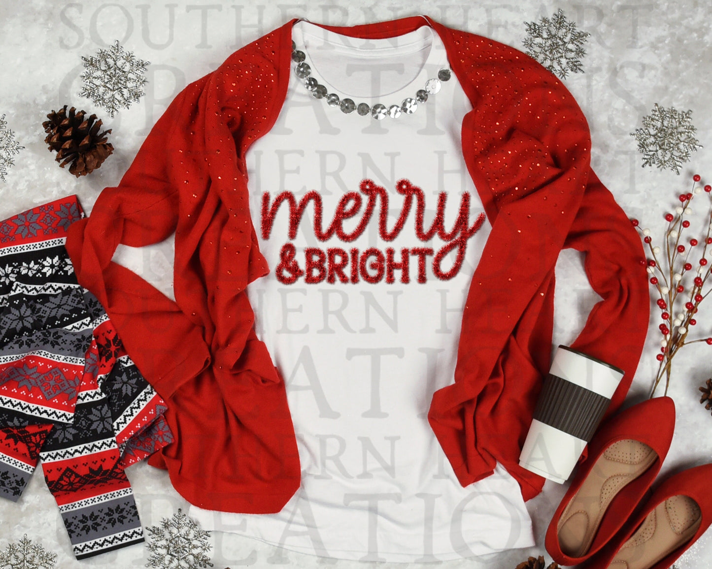 Faux Tinsel Merry and Bright Christmas Bundle PNG Digital Download