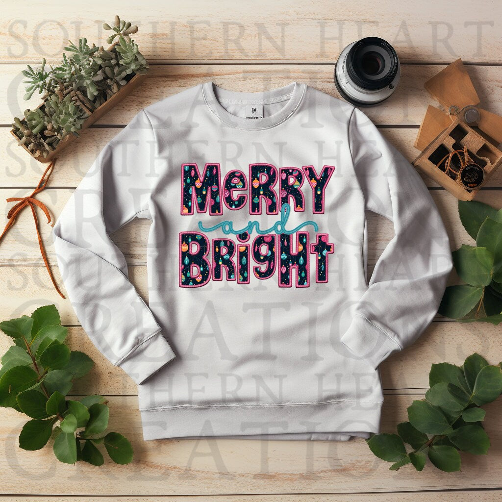 Faux Embroidery Merry and Bright Neon PNG Digital File