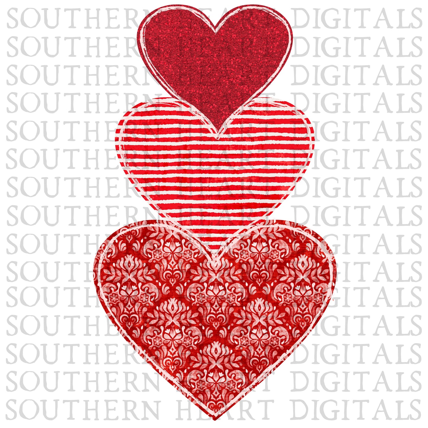 Red Glitter Stripe Damask Stacked Hearts PNG Digital Download File