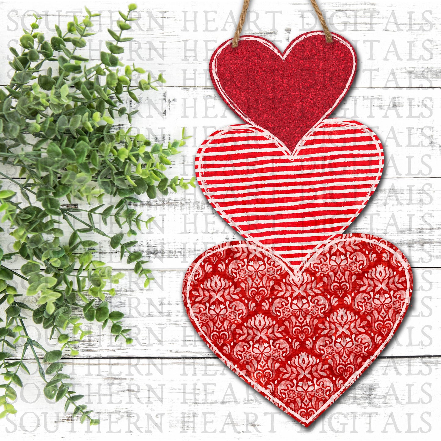 Red Glitter Stripe Damask Stacked Hearts PNG Digital Download File