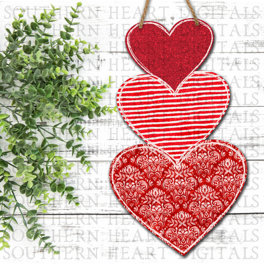 Red Glitter Stripe Damask Stacked Hearts PNG Digital Download File