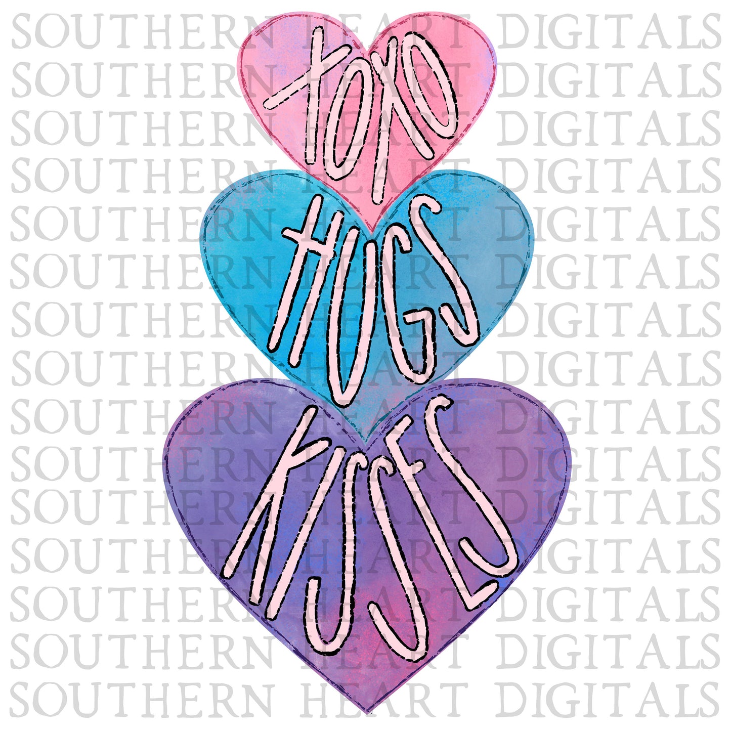 Pastel XOXO Hugs & Kisses Stacked Hearts PNG Digital Download File