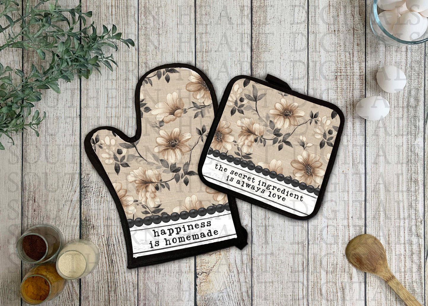 Farmhouse Floral Kitchen Oven Mitt and Pot Holder Hot Pad Set PNG Digital File