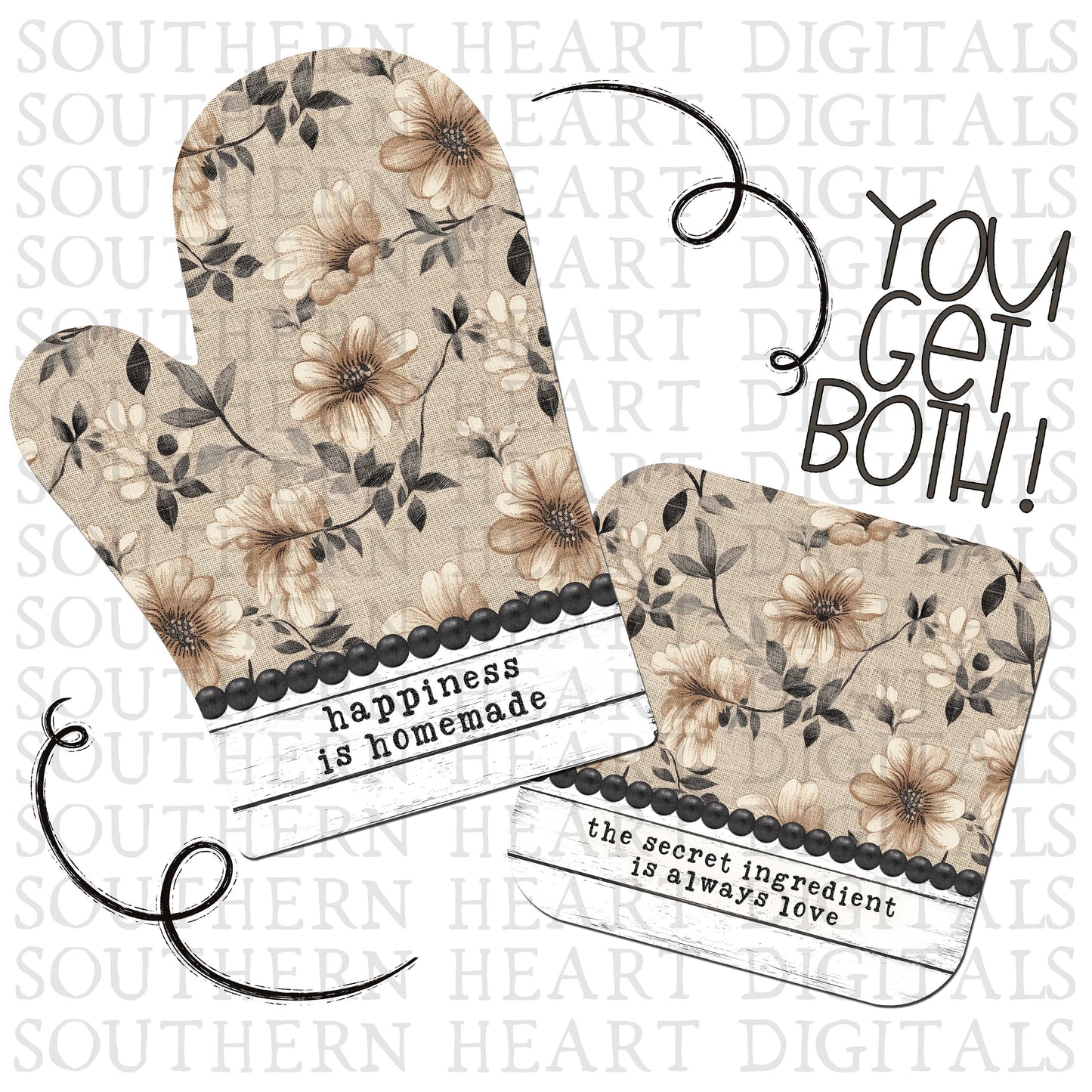 Farmhouse Floral Kitchen Oven Mitt and Pot Holder Hot Pad Set PNG Digital File