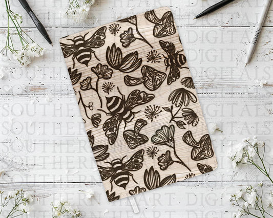 Wood Burned Boho Bee, Mushroom & Floral Recipe Book Sublimation Journal Cover PNG Digital File