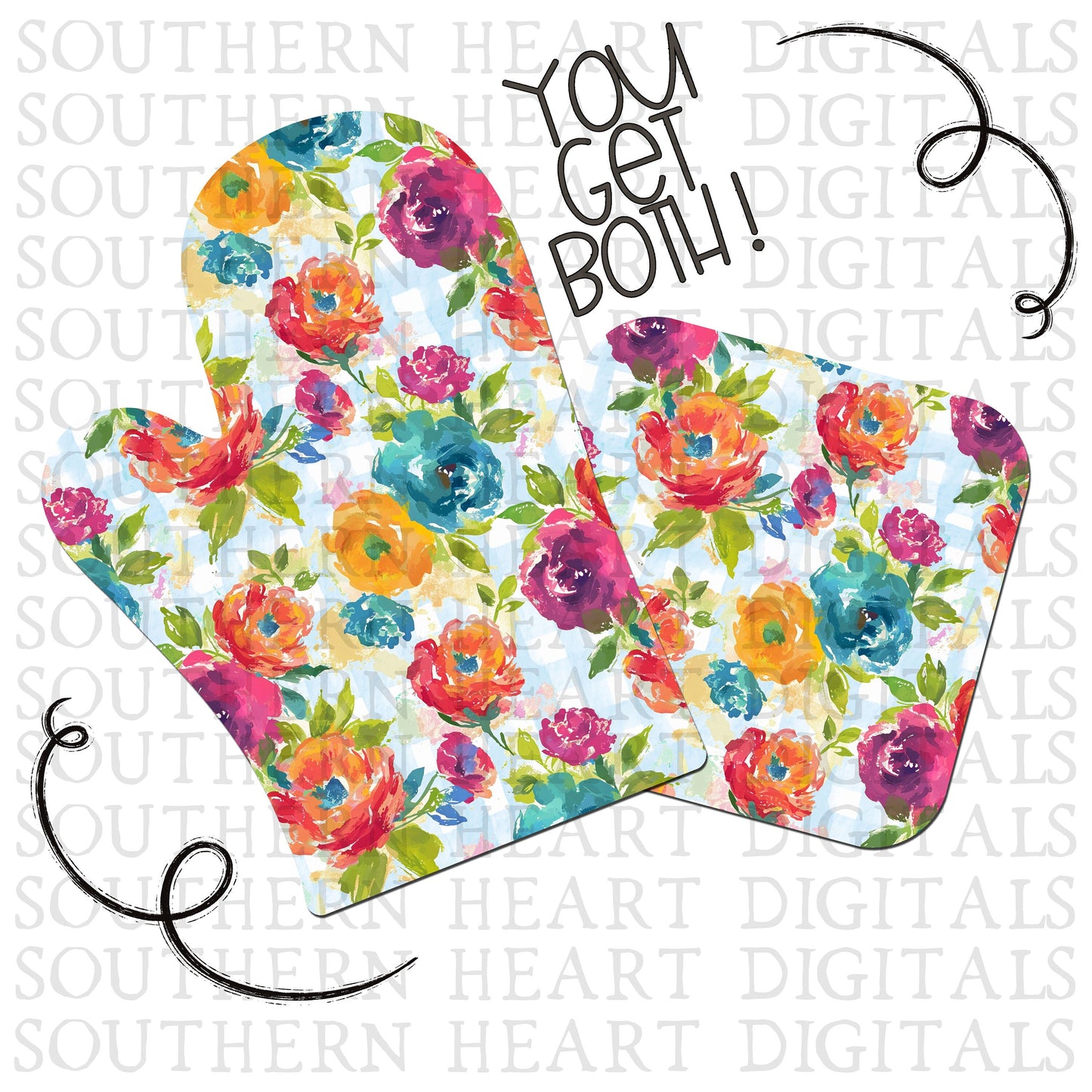 Watercolor Floral Gingham Plaid Kitchen Oven Mitt and Pot Holder Hot Pad Set PNG Digital File