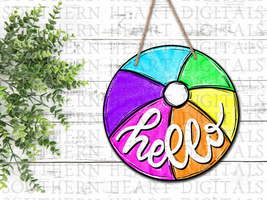 Doodle Neon Beach Ball Hello Door Hanger PNG Digital File