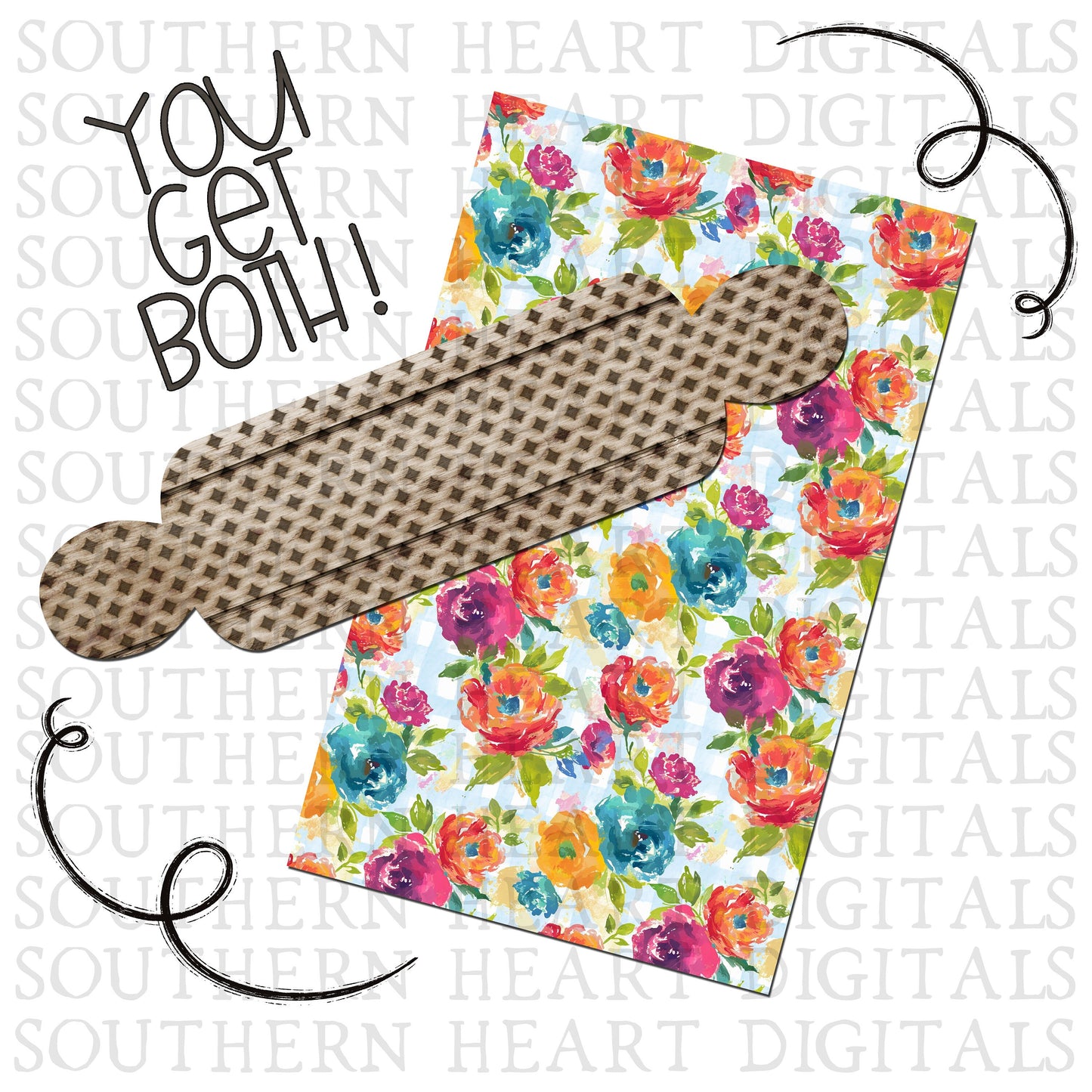 Watercolor Floral Gingham Plaid Rolling Pin Towel Holder & Kitchen Towel PNG Digital File