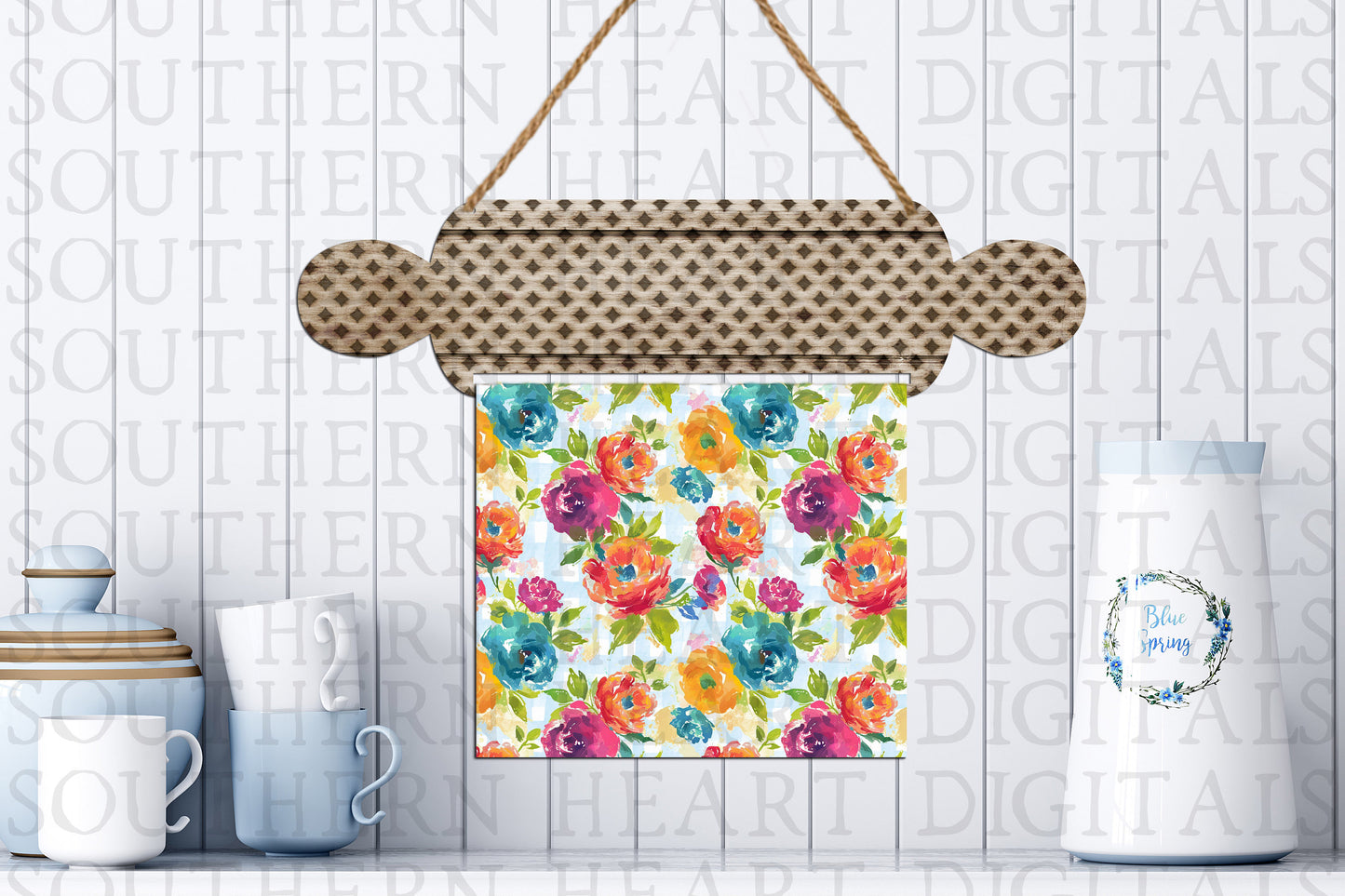 Watercolor Floral Gingham Plaid Rolling Pin Towel Holder & Kitchen Towel PNG Digital File