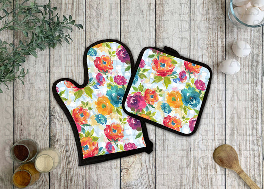 Watercolor Floral Gingham Plaid Kitchen Oven Mitt and Pot Holder Hot Pad Set PNG Digital File