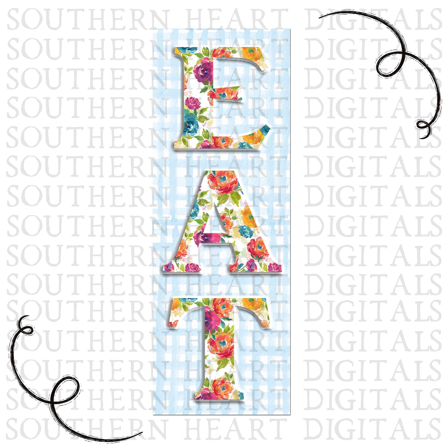 Watercolor Floral Gingham Plaid Eat Sign PNG Digital File