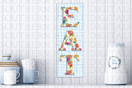 Watercolor Floral Gingham Plaid Eat Sign PNG Digital File