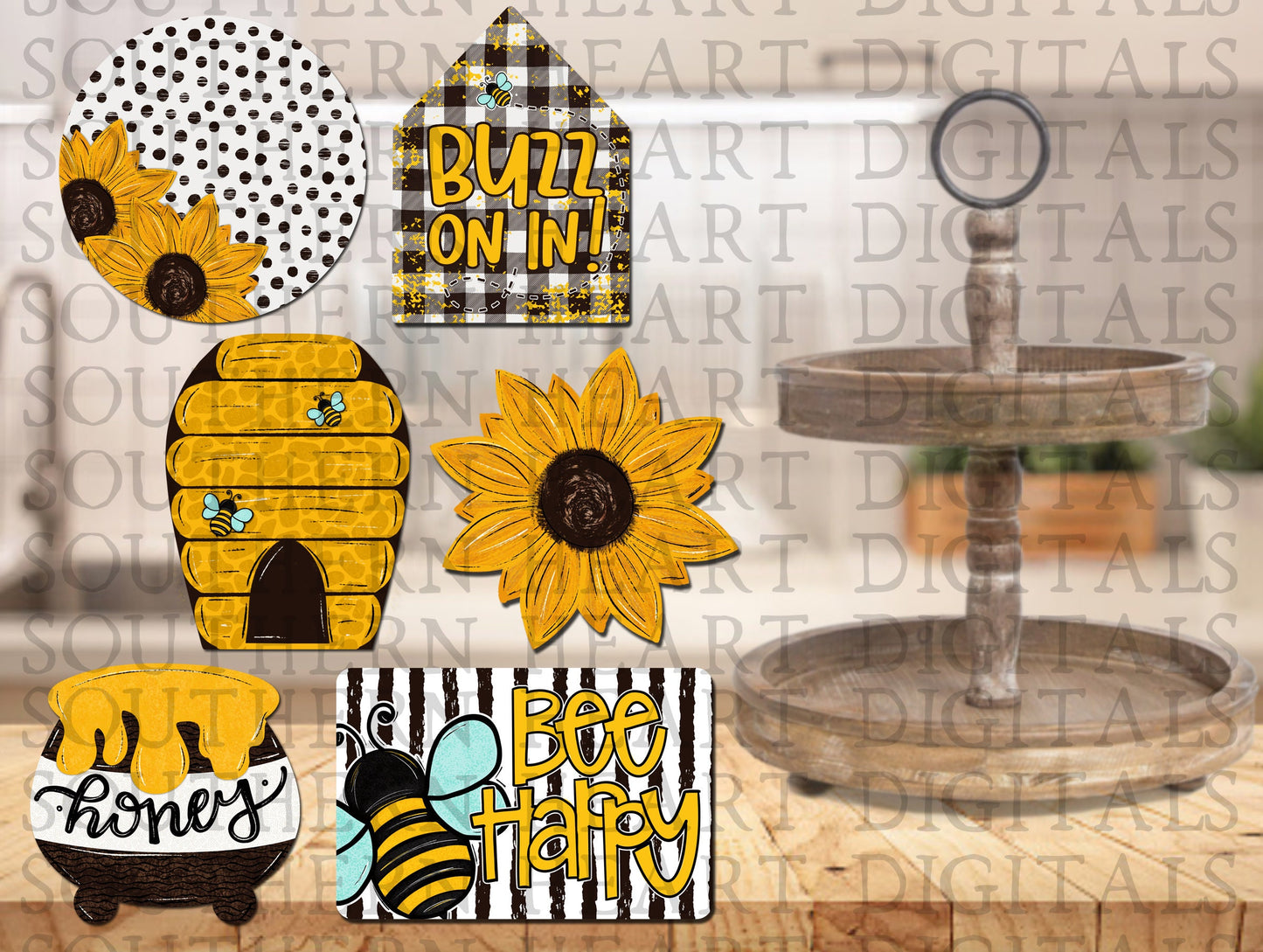 Honeybee Themed Tiered Tray Decor Bundle PNG Digital File