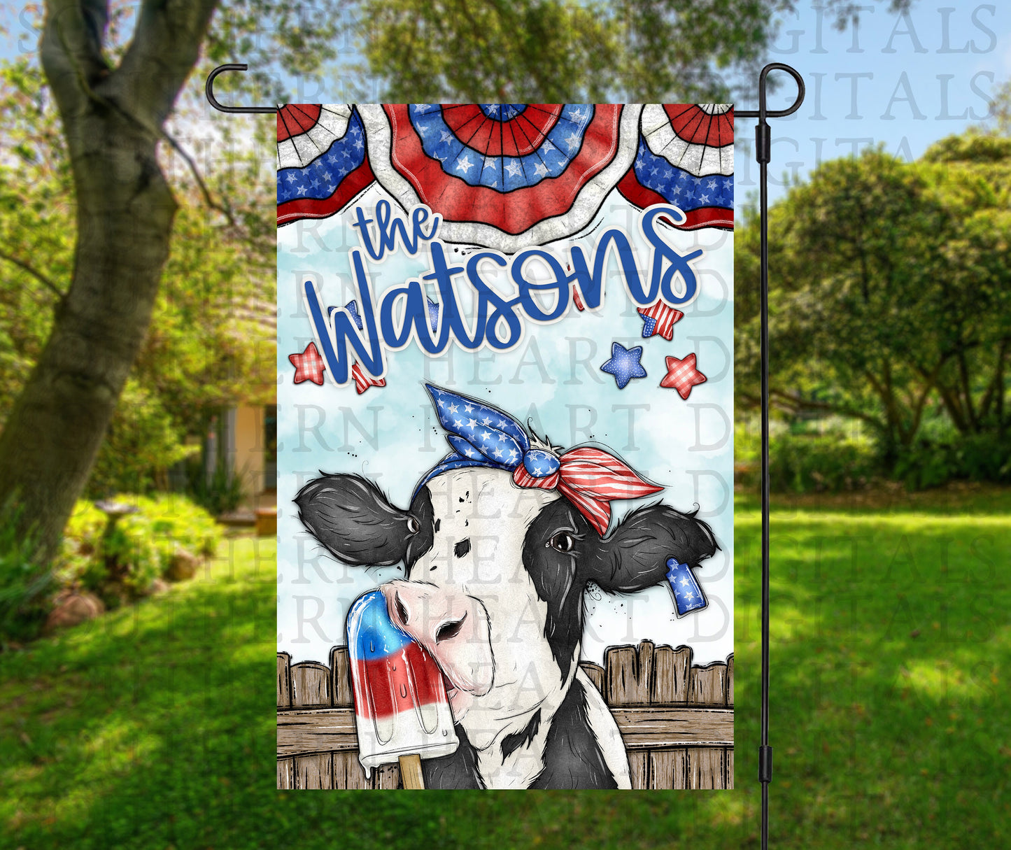 Patriotic Cow with Popsicle Garden Flag PNG Digital Download